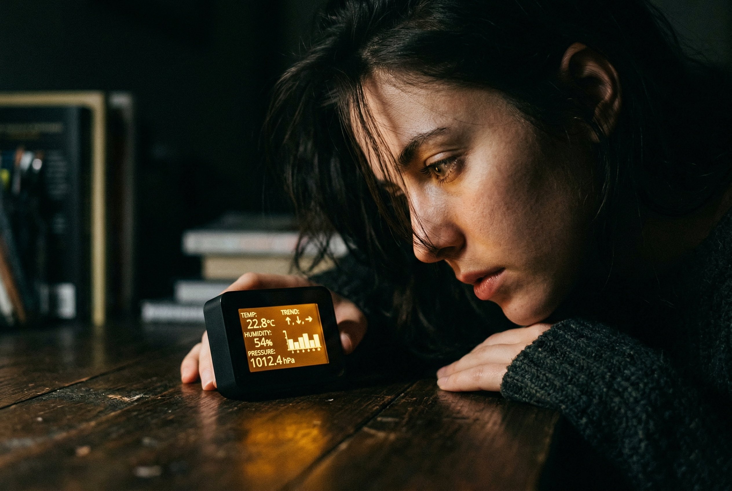 Woman gazing at glowing device on dark table