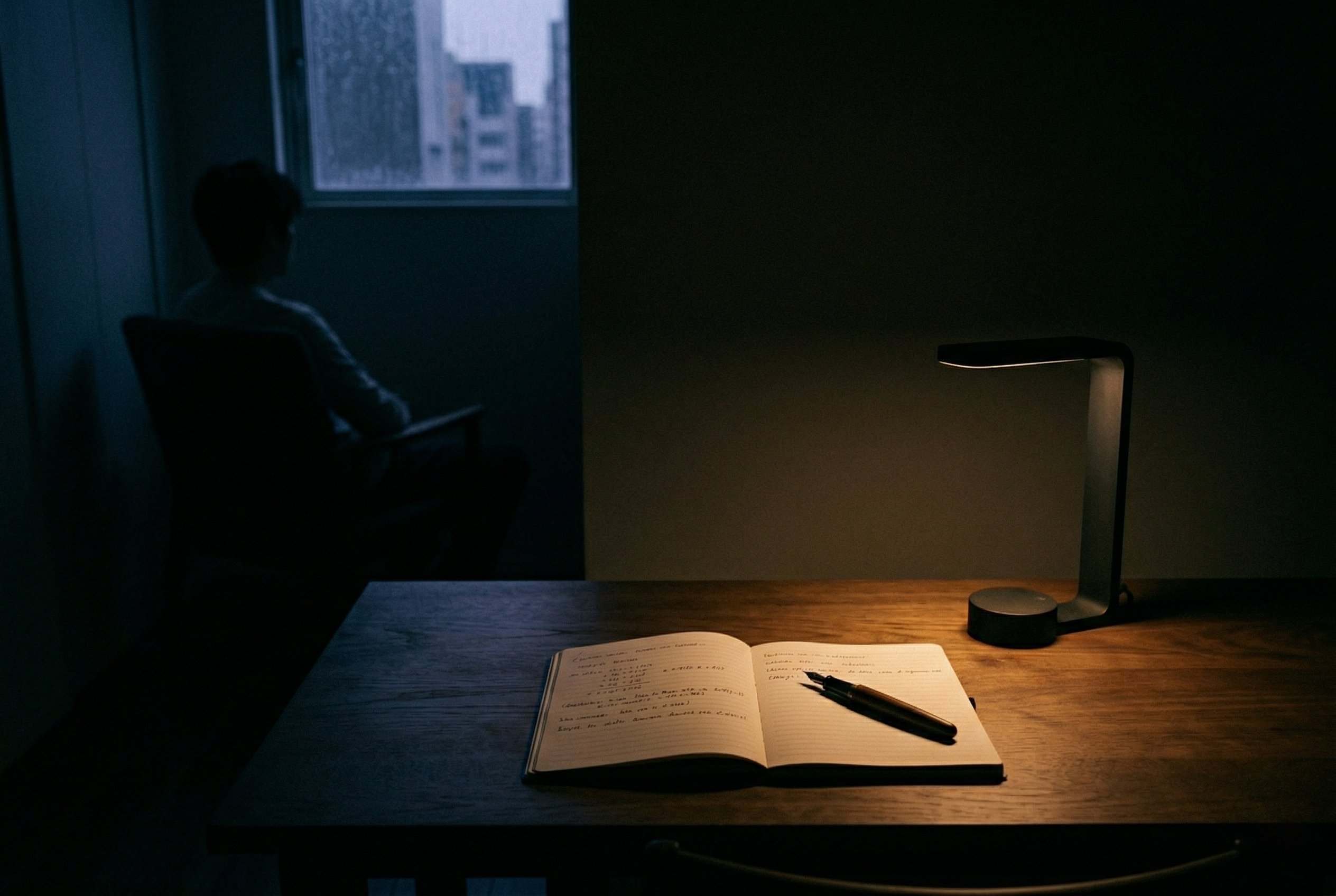 Person reading by window at night with desk lamp
