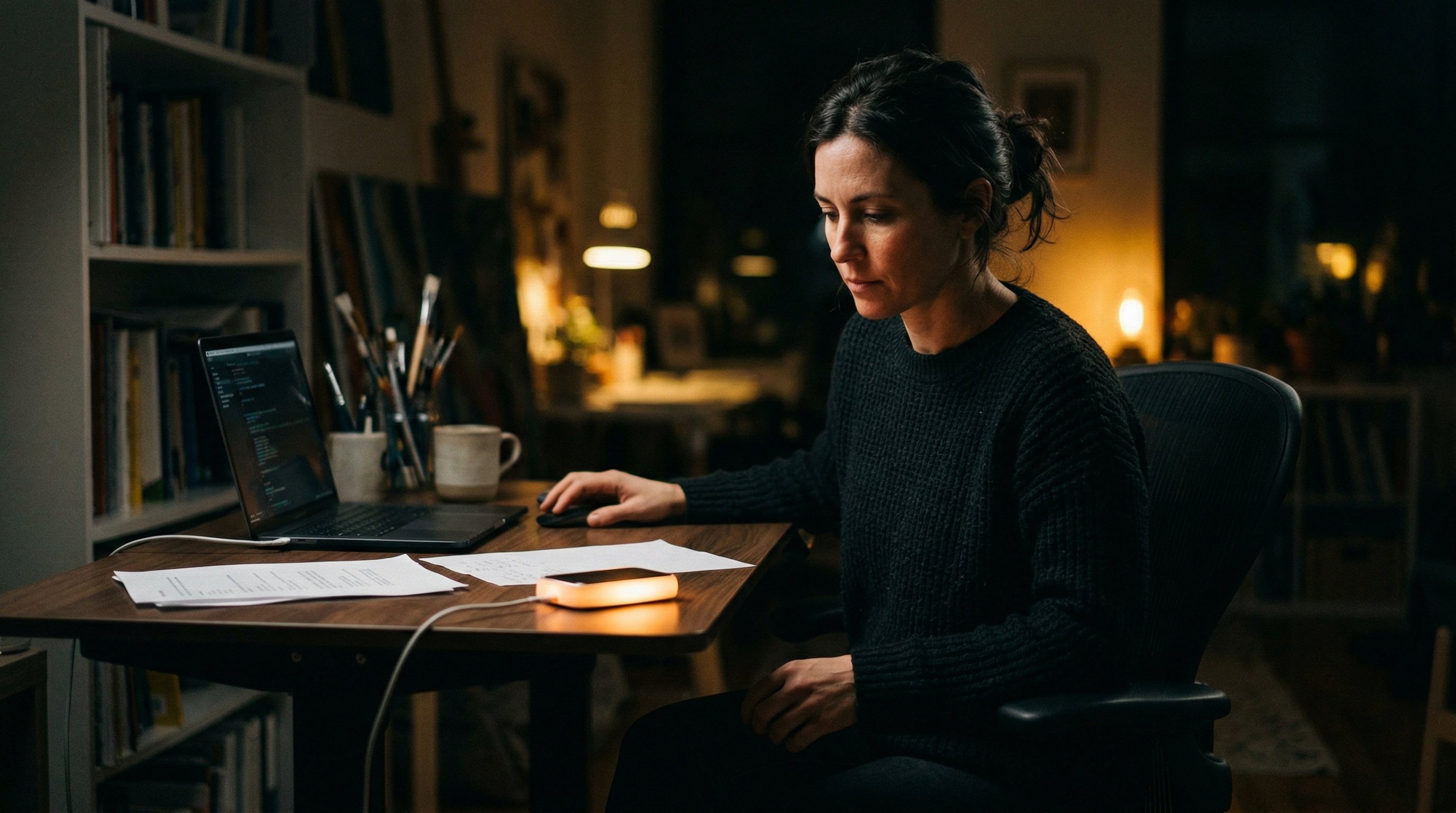 Woman working at a warm home office desk