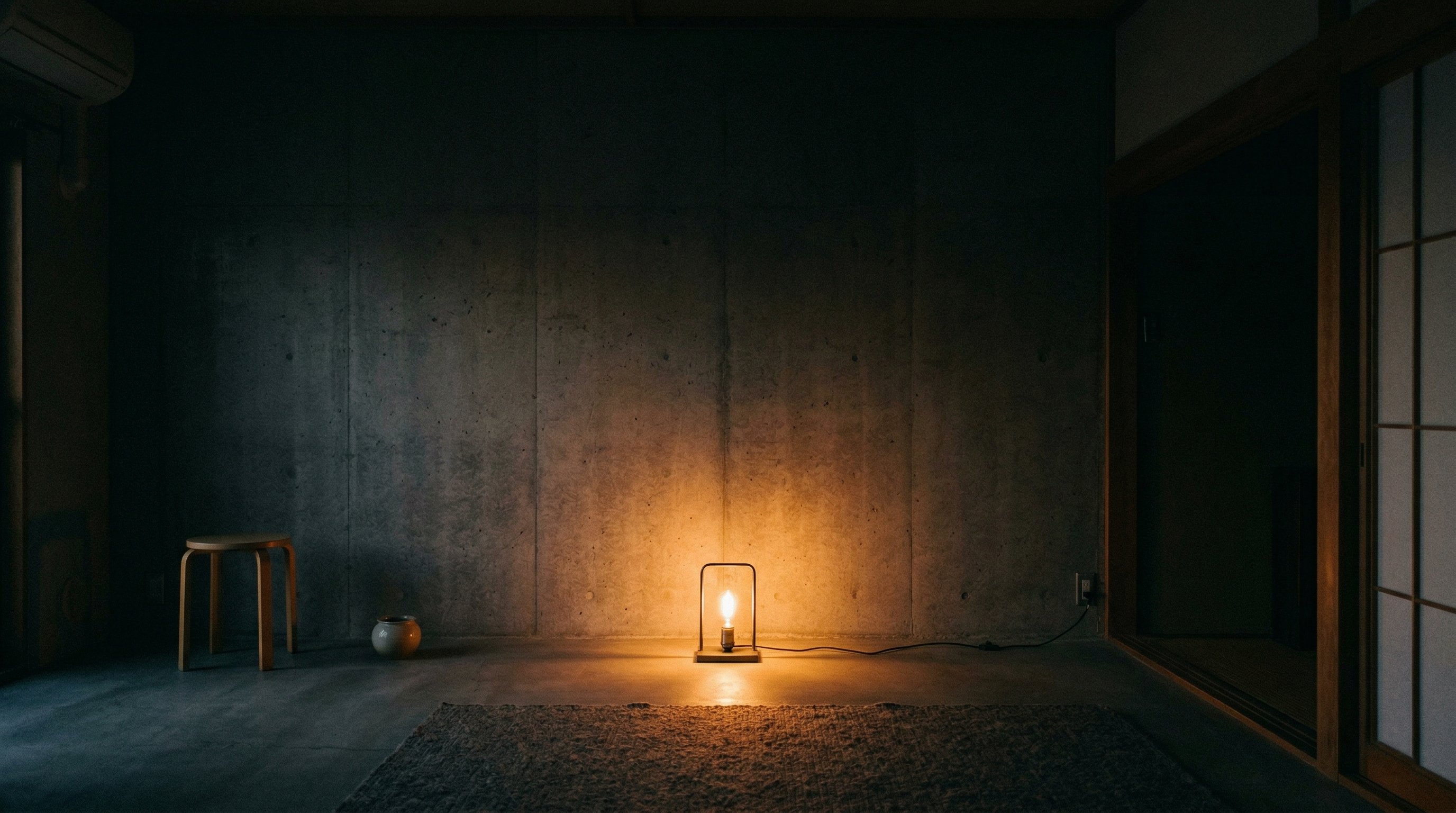 Japanese room with standing lantern on wooden floor